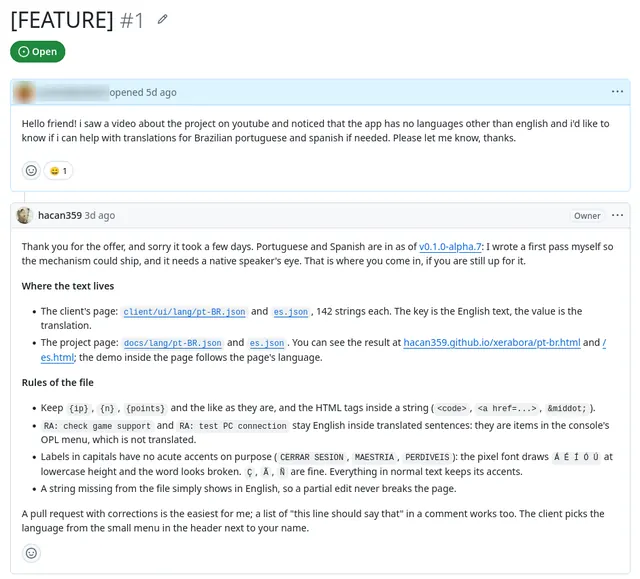 Print do issue aberto no github com minha contribuição